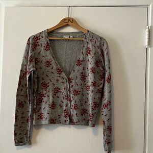 Cottagecore Floral 100% Cotton Cardigan in Gray and Red - Esprit in Large